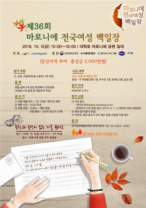제36회 마로니에 전국여성 백일장 포스터, 2018.10.5(금) 10:00-18:00, 대학로 마로니에 공원 일대, 참가부분_시, 신문, 아동문학(동시, 동화) 3개 부문, 시상내역_본상 30명 및 특별상 2명, 본상_각 부문별 장원 1명, 우수상 1명, 장려상 3명, 입선 3명, 글제_공통 글제 4개 당일 현장에서 선정 발표, 참가자격_여성이면 누구나, 글쓰기_1.작품 제출 건수 : 1인 1부문 1편으로 제한, 2.제한작품_3시간 이내, 3.작품분량_시,동시-제한없음, 산문,동화-200자 원고지 20매, 참가신청_1.사전접수, 인터넷 접수(www.munjang.or.kr), 문학주간 사전 현장 접수(2018.9.1-2.대학로 마로니에공원),2.현장접수(행사당일),※인터넷, 현장 접수자 모두 행사 당일 신분증 지참 필수, 문의_한국문화예술위원회 문학지원부 02-6263-1266, 문학과 음악이 있는 가을 콘서트, 일시_2018.10.5(금) 오후2시-4시30분, 장소_마로니에 공원 야외 공연장, 참가비는 전액 무료입니다.