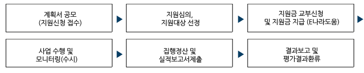 계획서 공모(지원신청 접수), 지원심의, 지원대상 선정, 지원금 교부신청 및 지원금 지급(e나라도움), 사업 수행 및 모니터링(수시), 집행정산 및 실적보고서제출 결과보고 및 평가결과환류 