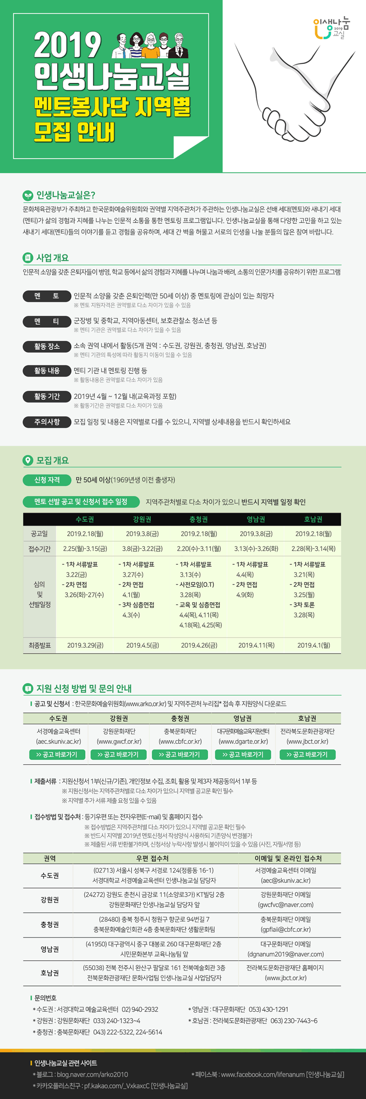 2019 인생나눔교실 멘토봉사단 지역별 모집 안내 인생나눔교실이란 문화체육관광부과 주최하고 한국문화예술위원회와 권역별 지역주관처가 주관하는 선배 세대(멘토)와 새내기 세대(멘티)가 삶의 경험과 지혜를 나누는 인문적 소통을 통한 멘토링 프로그램입니다. 인생나눔교실을 통해 다양한 고민을 하고 있는 새내기 세대(멘티)들의 이야기를 듣고 경험을 공유하며, 세대 간 벽을 허물고 서로의 인생을 나눌 분들의 많은 참여 바랍니다.
 