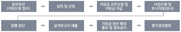 공모추진(지원신청 접수) > 심의 및 선정 > 지원금 교부신청 및 지원금 지급 > 사업수행 및 모니터링(상시) > 집행 정산 > 실적보고서 제출 > 지원금 정산 확정 통보 및 정보공시 > 평가결과환류