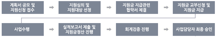 계획서 공모 및 지원신청 접수, 지원심의 및 지원대상 선정, 지원금 지급관련 협약서 체결, 지원금 교부신청 및 지원금 지급, 사업수행, 실적보고서 제출 및 지원금정산 진행, 회계검증 진행, 사업담당자 최종 승인