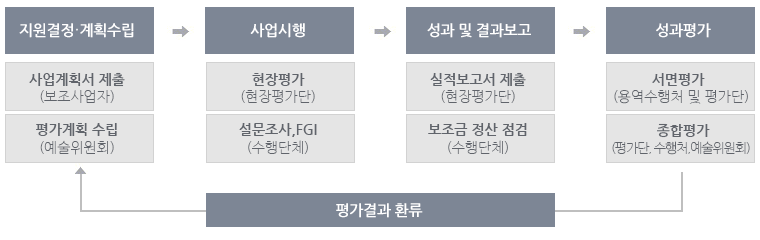 지원결정․계획수립>사업시행>성과 및 결과보고>성과평가