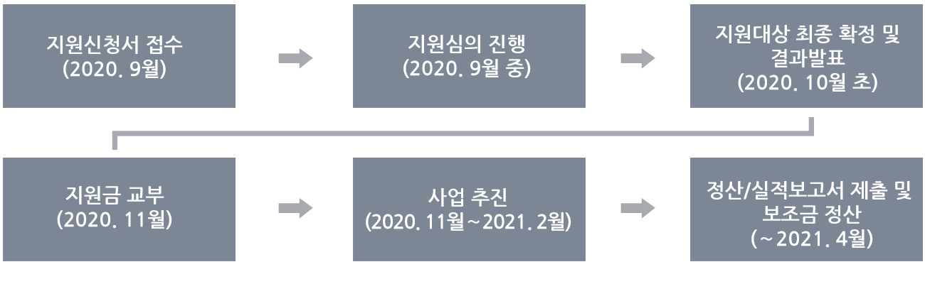 지원신청서 접수(2020. 9월) > 지원심의 진행(2020. 9월 중) > 지원대상 최종 확정 및 결과발표(2020. 10월 초) > 지원금 교부(2020. 11월)
		 > 사업 추진(2020. 11월～2021. 2월) > 정산/실적보고서 제출 및 보조금 정산(～2021. 4월)