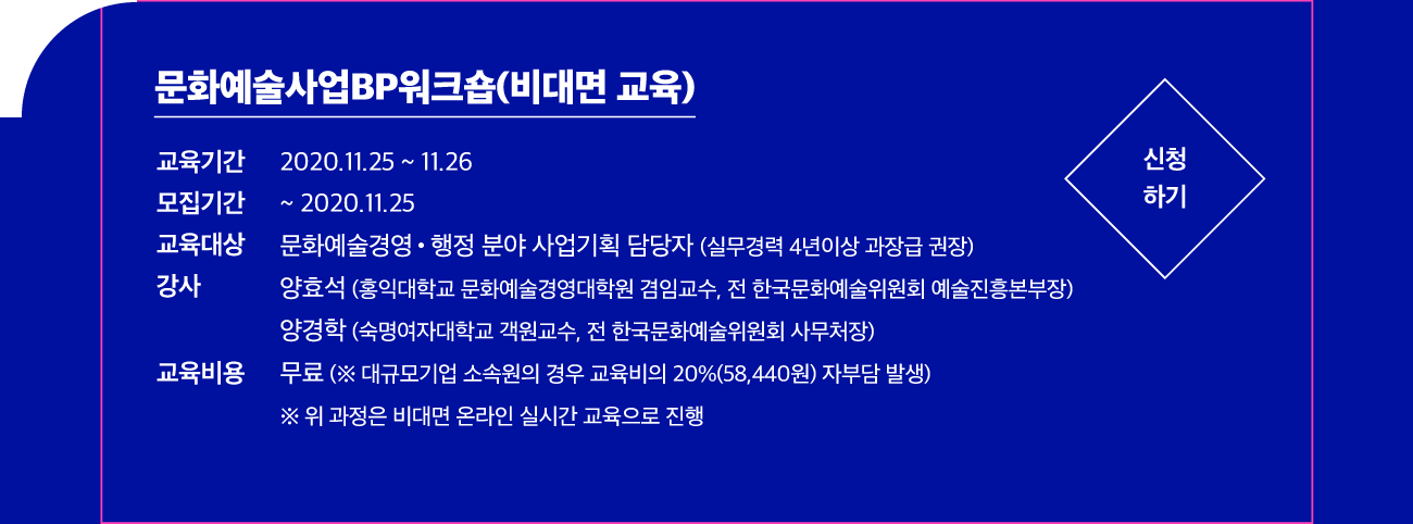 문화예술사업BP워크숍(비대면 교육) 신청하기