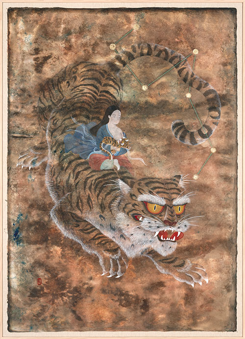 김지평, 〈두려움 없이〉, 2022, 옻칠 한지에 먹, 금박, 혼합 재료, 148×105cm.