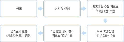 공모-심의및선정-황동계획수립워크숍2011년1월~2월-프로그램진행2011년3월~12월-1년활동성과평가 워크숍2012년1월-평가결과 환류(계속지원 또는 중단)