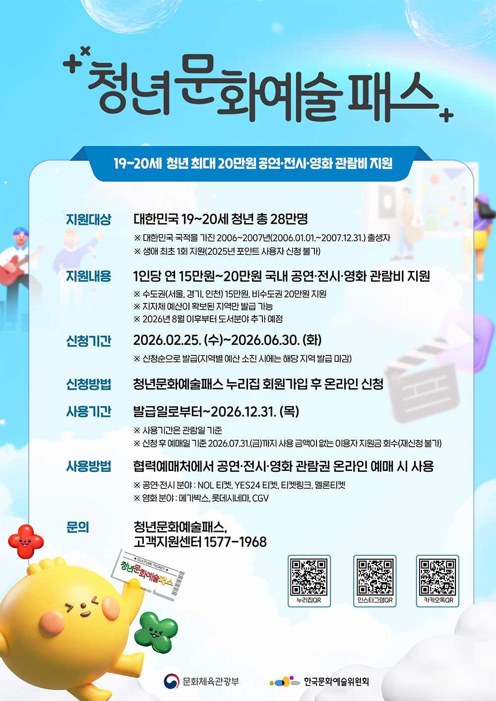 청년문화예술패스 19~20세 청년 최대 20만원 공연·전시·영화 관람비 지원(자세한 내용은 아래 참조)