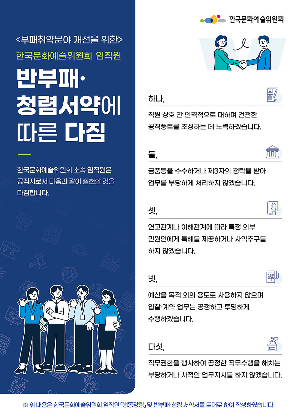 부패취약분야 개선을 위한 한국문화예술위원회 임직원 반부패·청렴서약에 따른 다짐(자세한 내용 아래 참조)