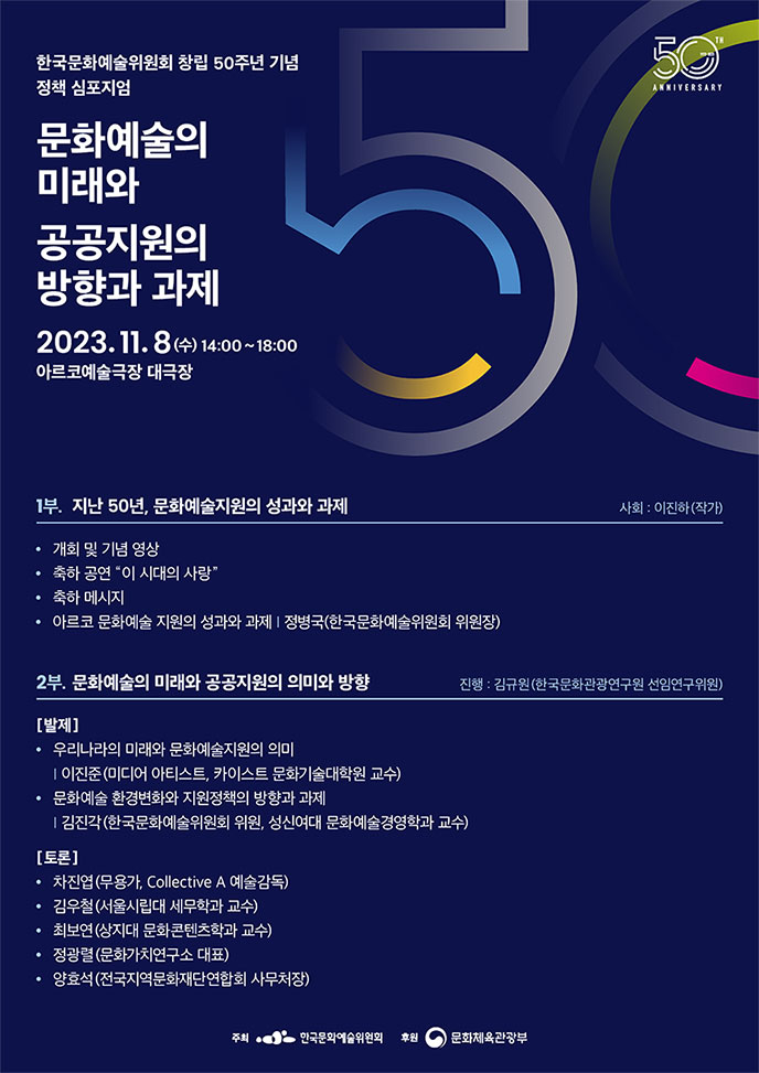 한국문화예술위원회 창립 50주년 기념 정책 심포지엄 포스터(자세한 내용 아래 참조)